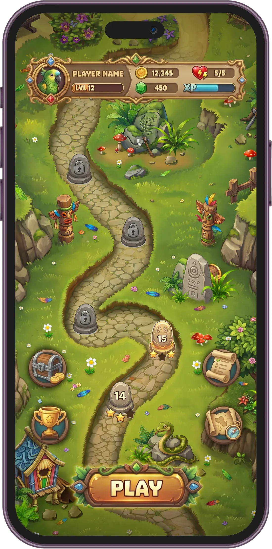 Polydocu saga map: a stone path through the jungle, level by level