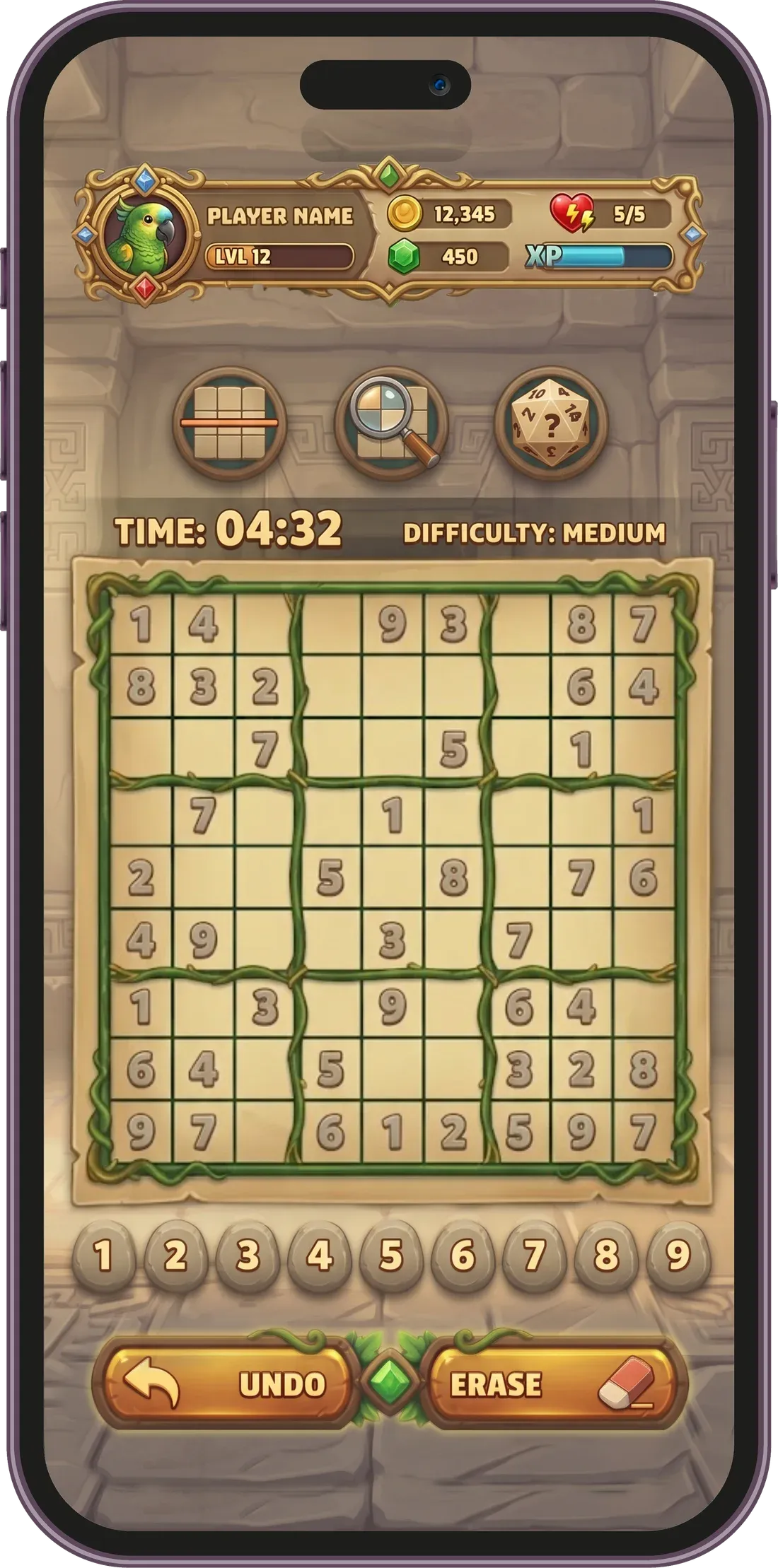 Polydocu gameplay: a sudoku grid framed in jungle vines